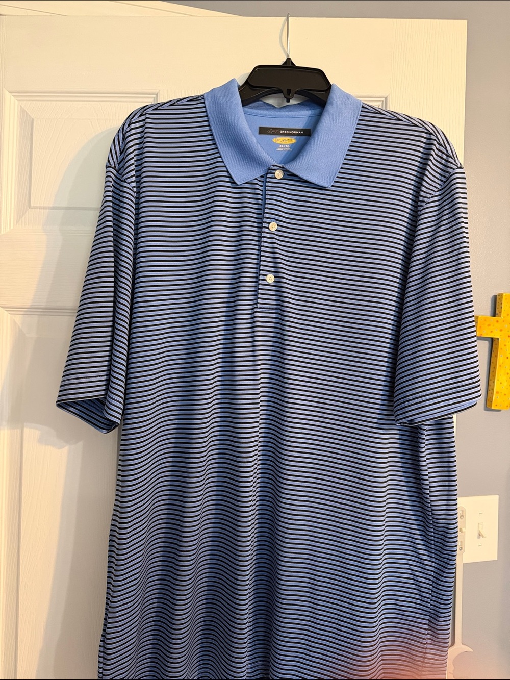 Greg Norman Collection Light Blue and Navy Striped Polo